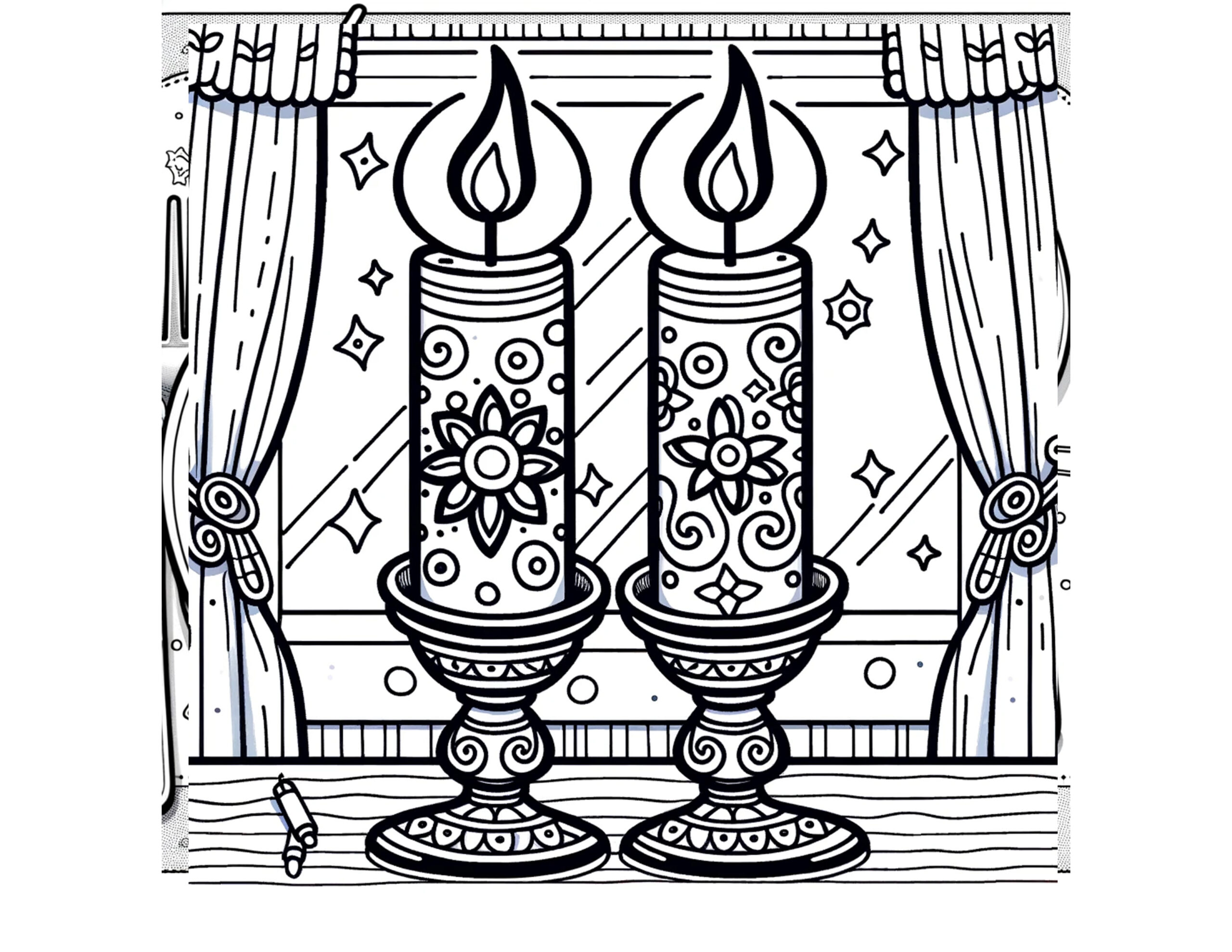 Ornate Shabbat Candles Free Coloring Page