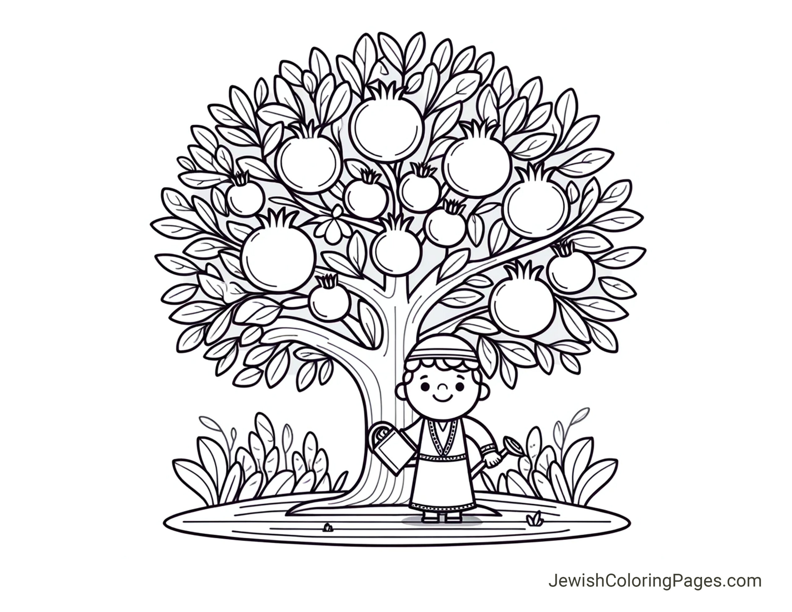 Tu Bishvat coloring page with a pomegranate tree and a child