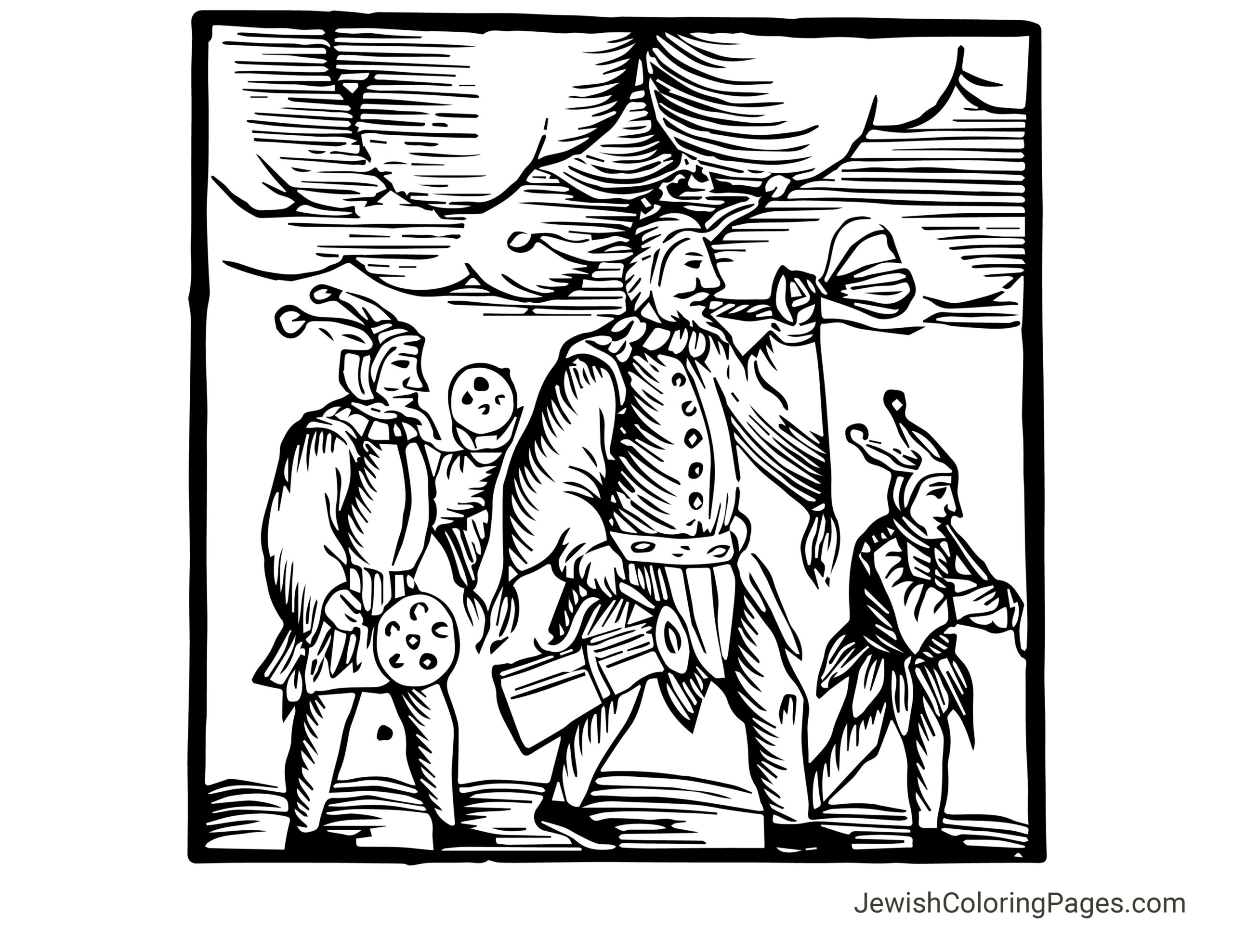 This is a stylized representation of a scene based on a 1657 woodcut, which depicts a medieval Purim celebration. The central figure in the scene is dressed in regal, somewhat exaggerated attire, characteristic of the period's sense of fashion, which included puffed sleeves, a prominent ruff, and a large hat. This costume likely represents King Ahasuerus, from the Book of Esther, which is read during the Jewish festival of Purim. Flanking the king are two other figures, possibly meant to portray court jesters or characters from the Purim story, such as Mordecai and Haman. These characters are dressed in costumes that are similarly indicative of the era, with one carrying what appears to be a noise maker, known as a "grogger" in the context of Purim, used to drown out Haman's name during the reading of the Megillah. Historical Medieval Purim Engraving Free Printable Coloring Page copy