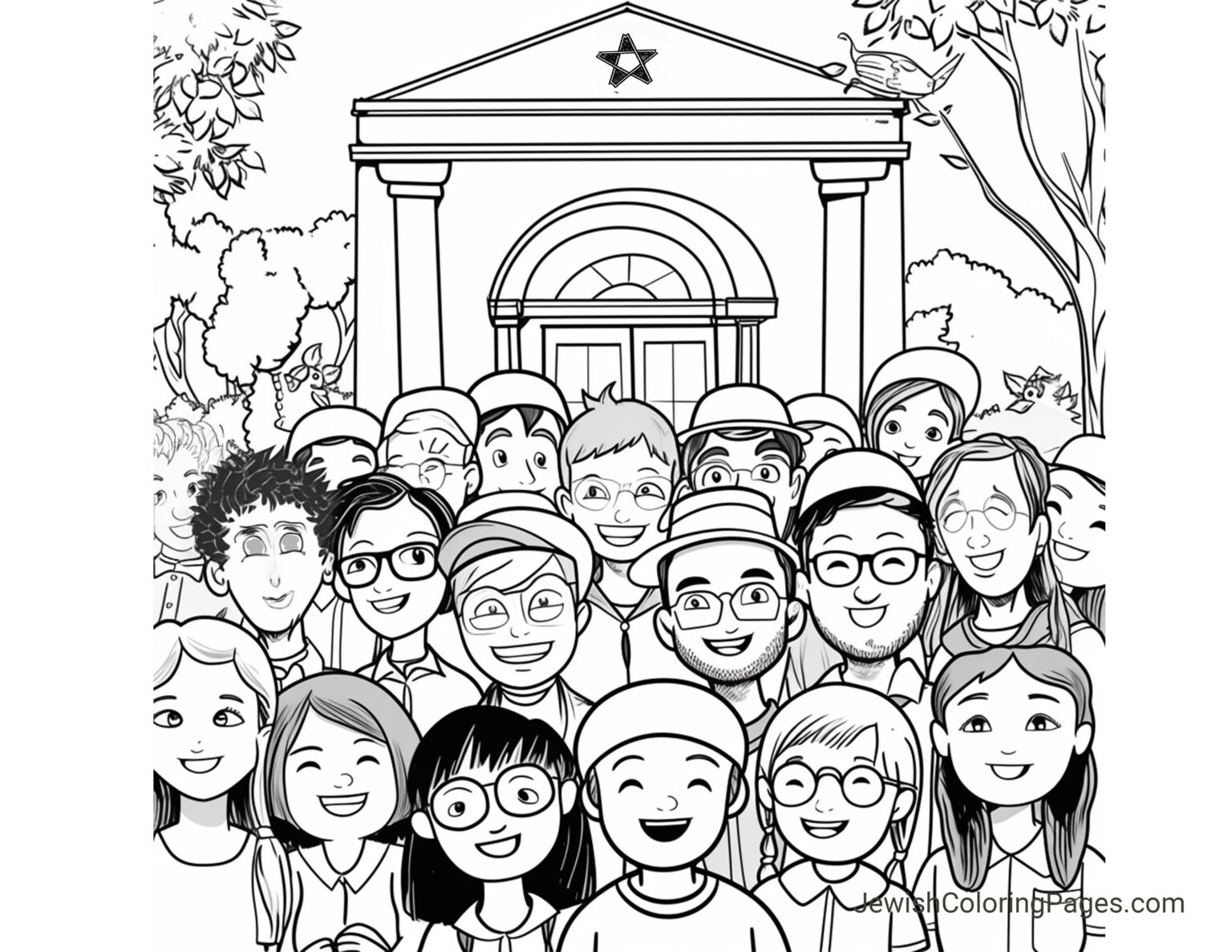 Jewish Community With a Synagogue; Free Printable Coloring Page for ...