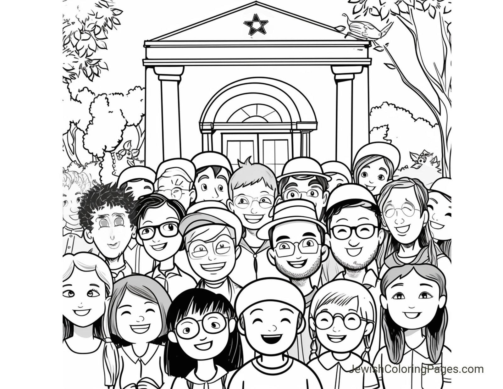 Jewish Community With a Synagogue; Free Printable Coloring Page for