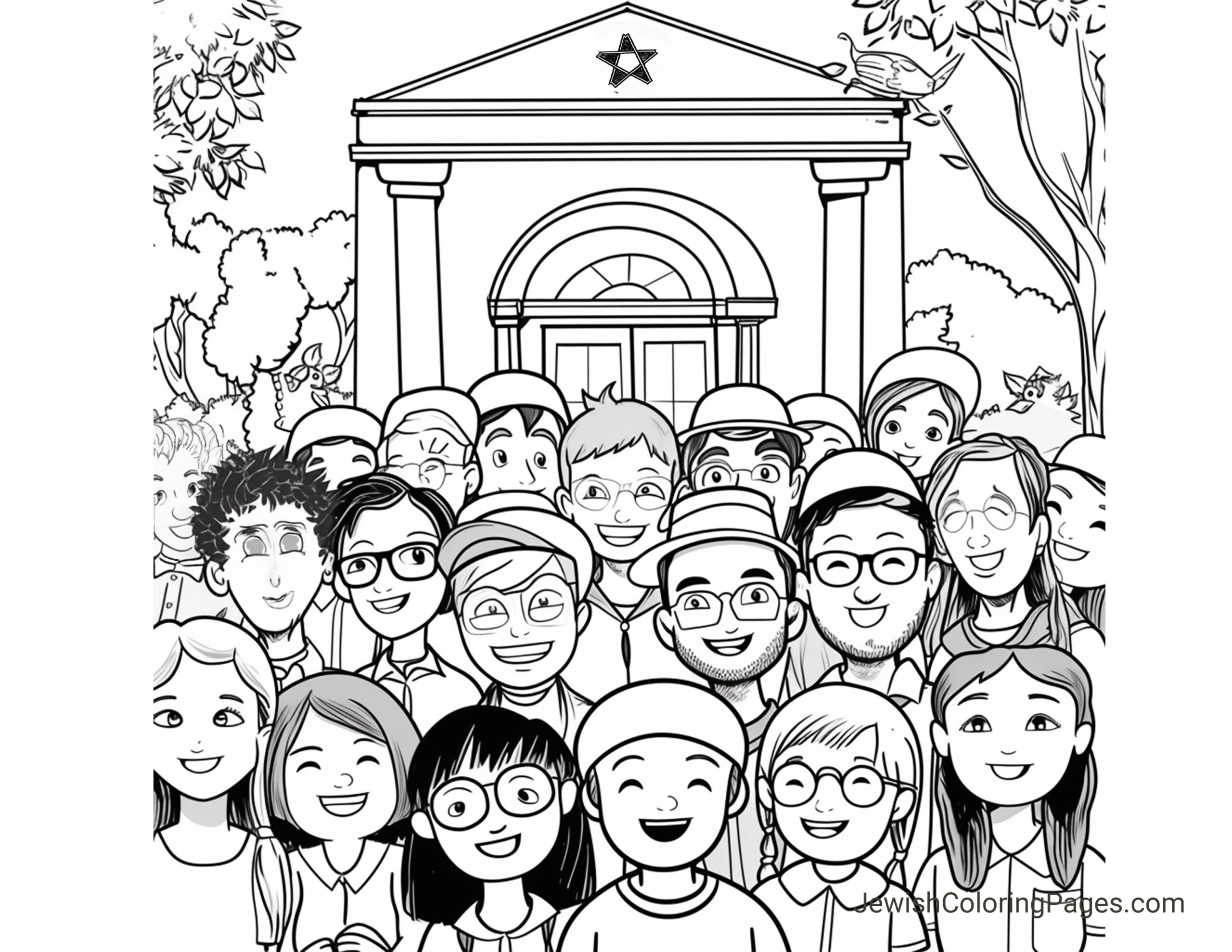 Jewish Community With Synagogue Free Printable Coloring Page